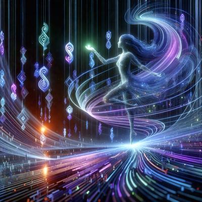 The primary subject of the image is a woman, who is the main focus of the scene. She is standing in a purple and blue environment, which appears to be a digital art or illustration. The visual style of the image is a combination of colors and patterns, creating a vibrant and lively atmosphere. The woman is surrounded by a variety of colorful lights, which add to the overall mood and aesthetic of the scene.